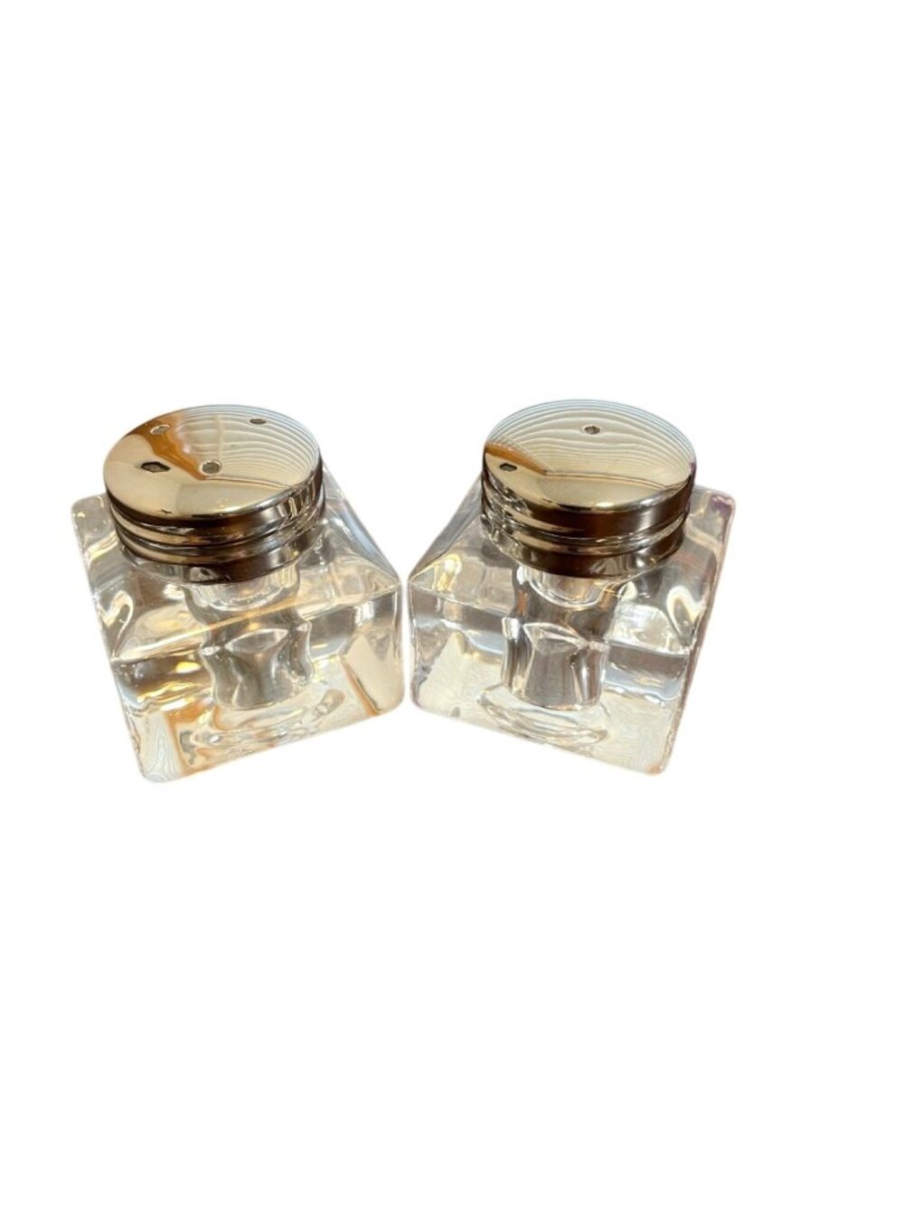 Crate & Barrel Salt Pepper Shakers Glass Stainless Steel Top Cube Thick Glass